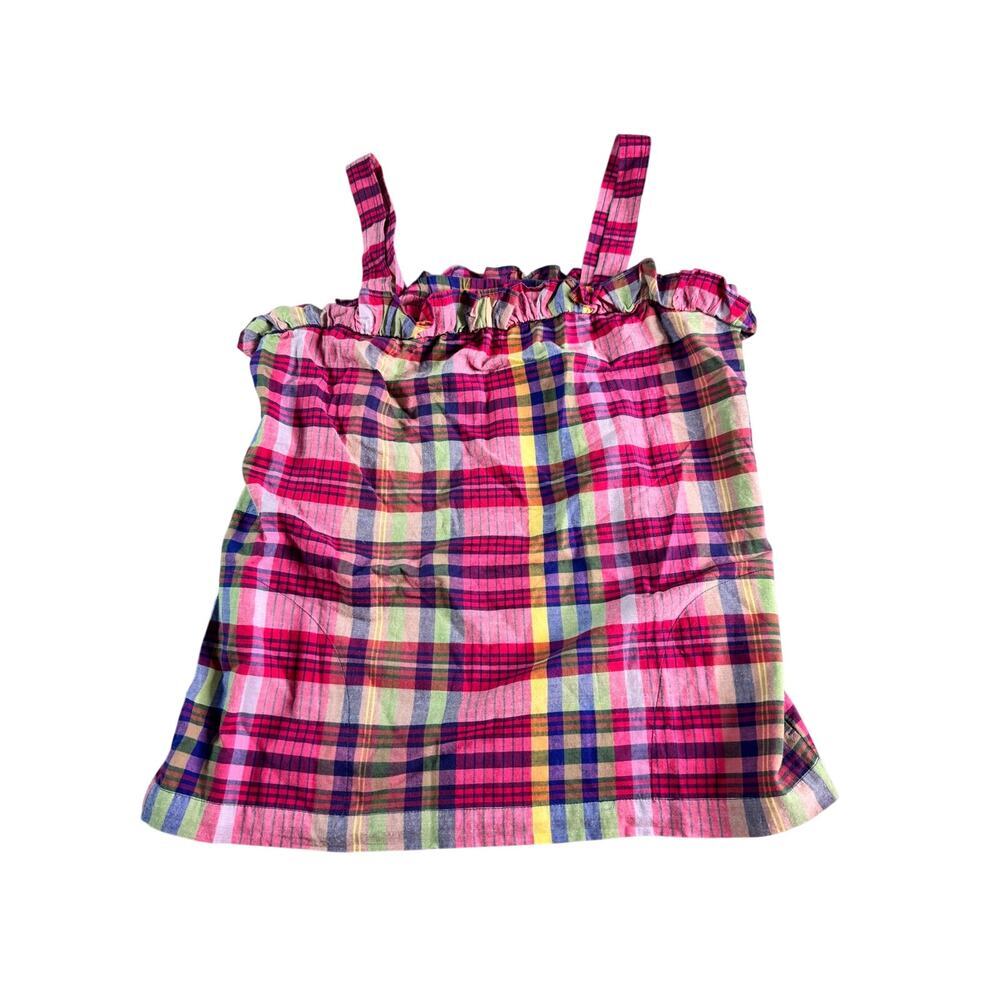 J.Crew Pink Madras Plaid Ruffle Tank Top 100% Cotton Size 8 Pockets Summer